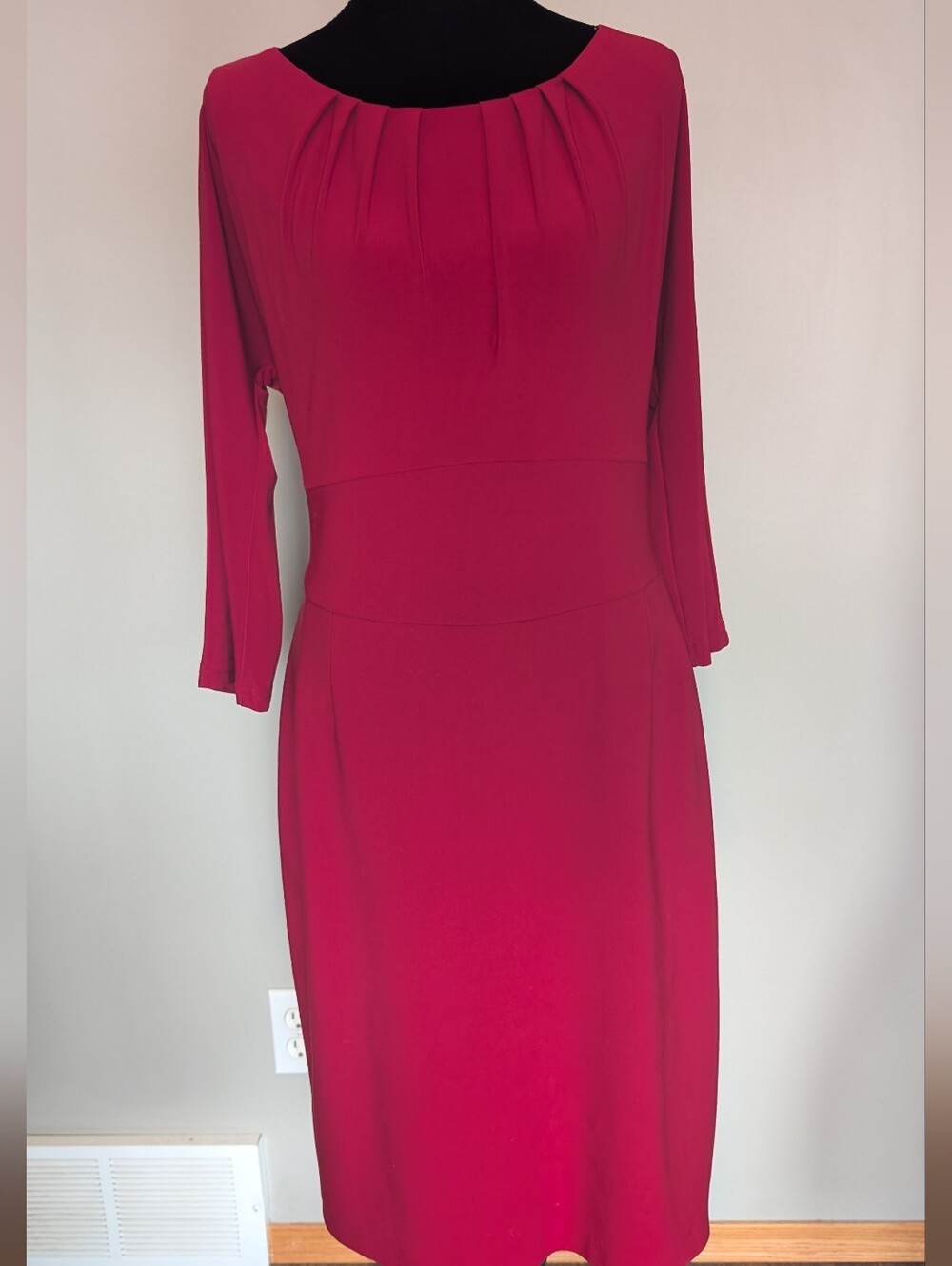 Joseph Ribkoff Red Pleated-Neck Long Sleeve Sheath Dress